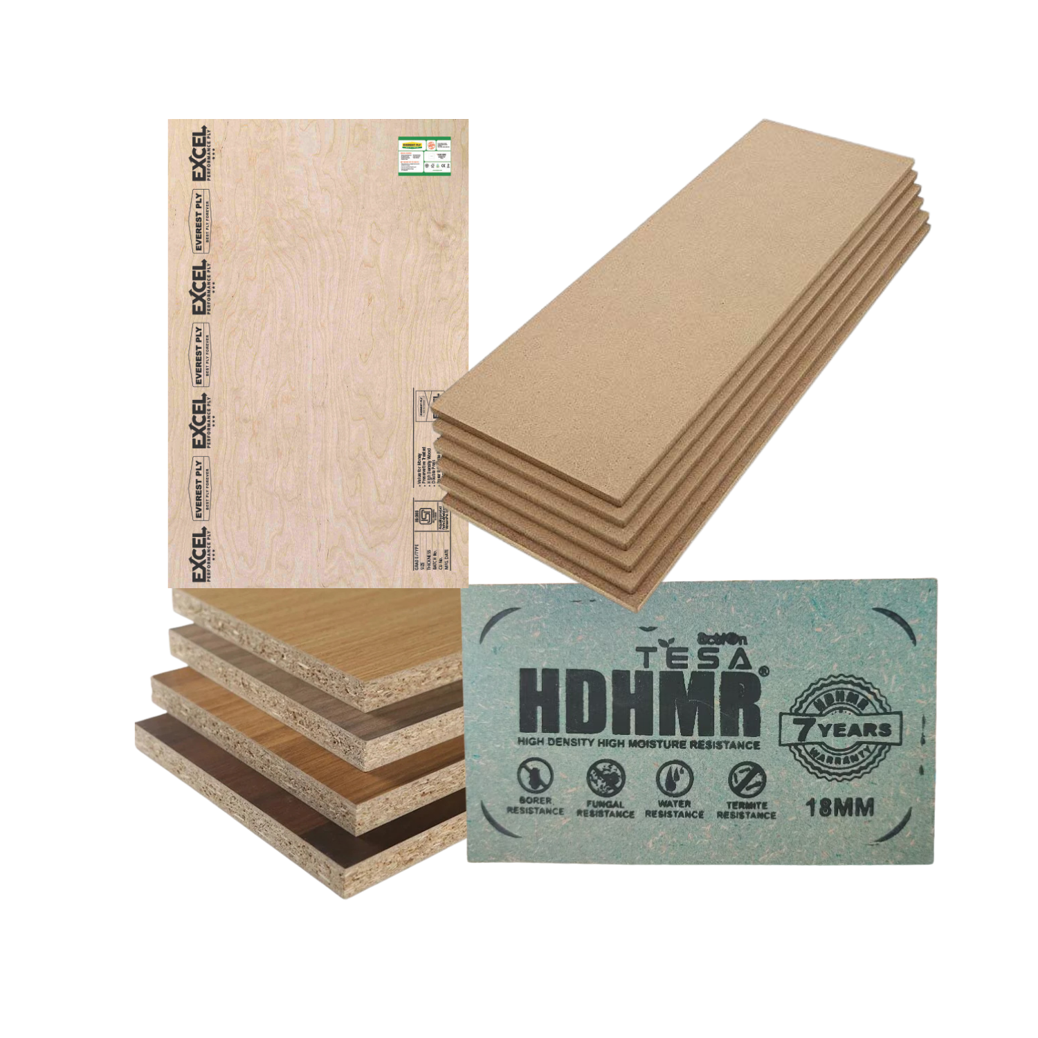 Plyboard, Laminates, MDF, HDHMR